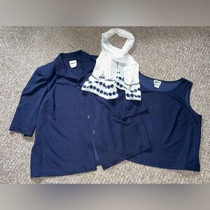 Leslie Fay Navy Blue Button Down shacket Shirt tank Set with Scarf size 18W